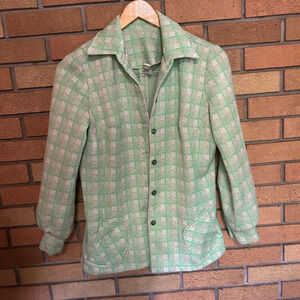 Vintage ILGWU Green and White Blazer Jacket Collared Long Sleeve 70s